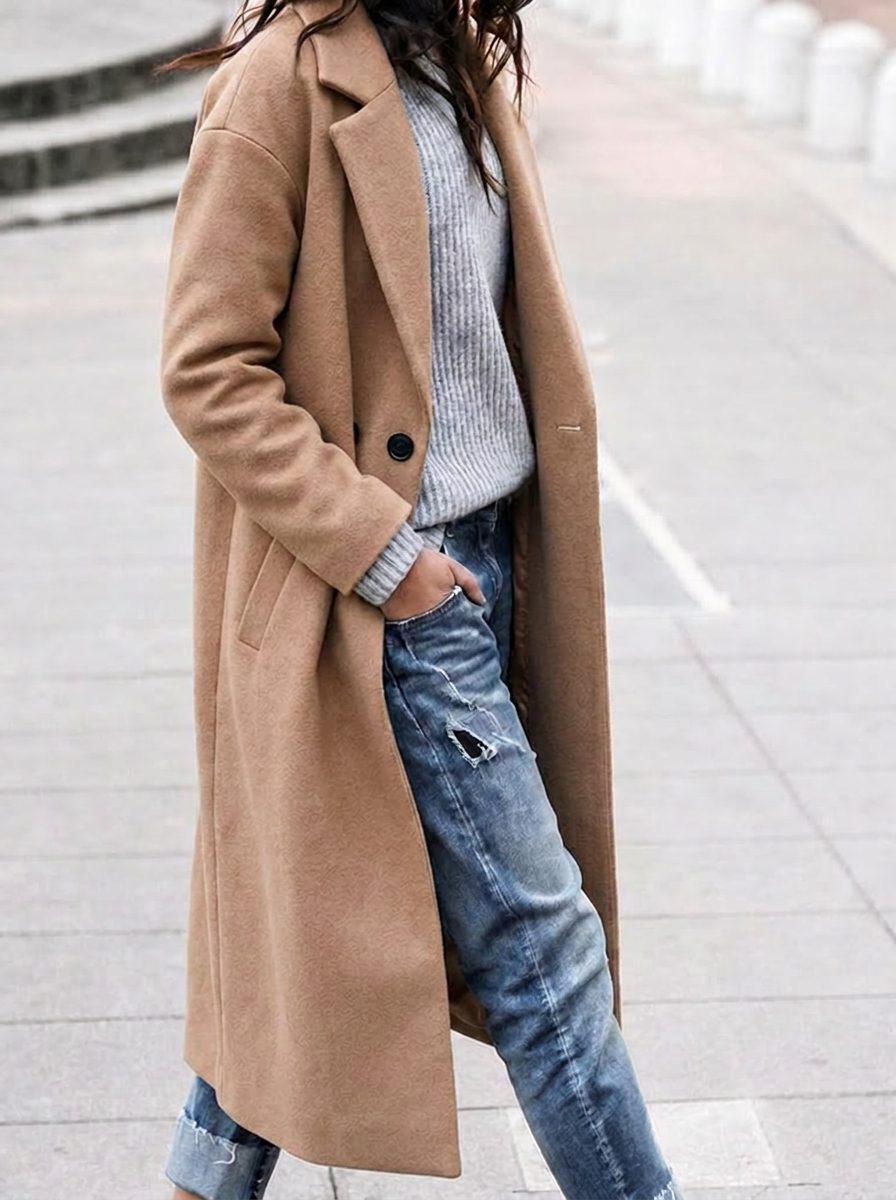 Women's Single-Button Long Coat with Wide Lapels, Khaki, view 1