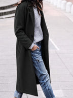 Women's Single-Button Long Coat with Wide Lapels, Black, view 2