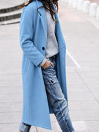 Women's Single-Button Long Coat with Wide Lapels, Blue, view 3