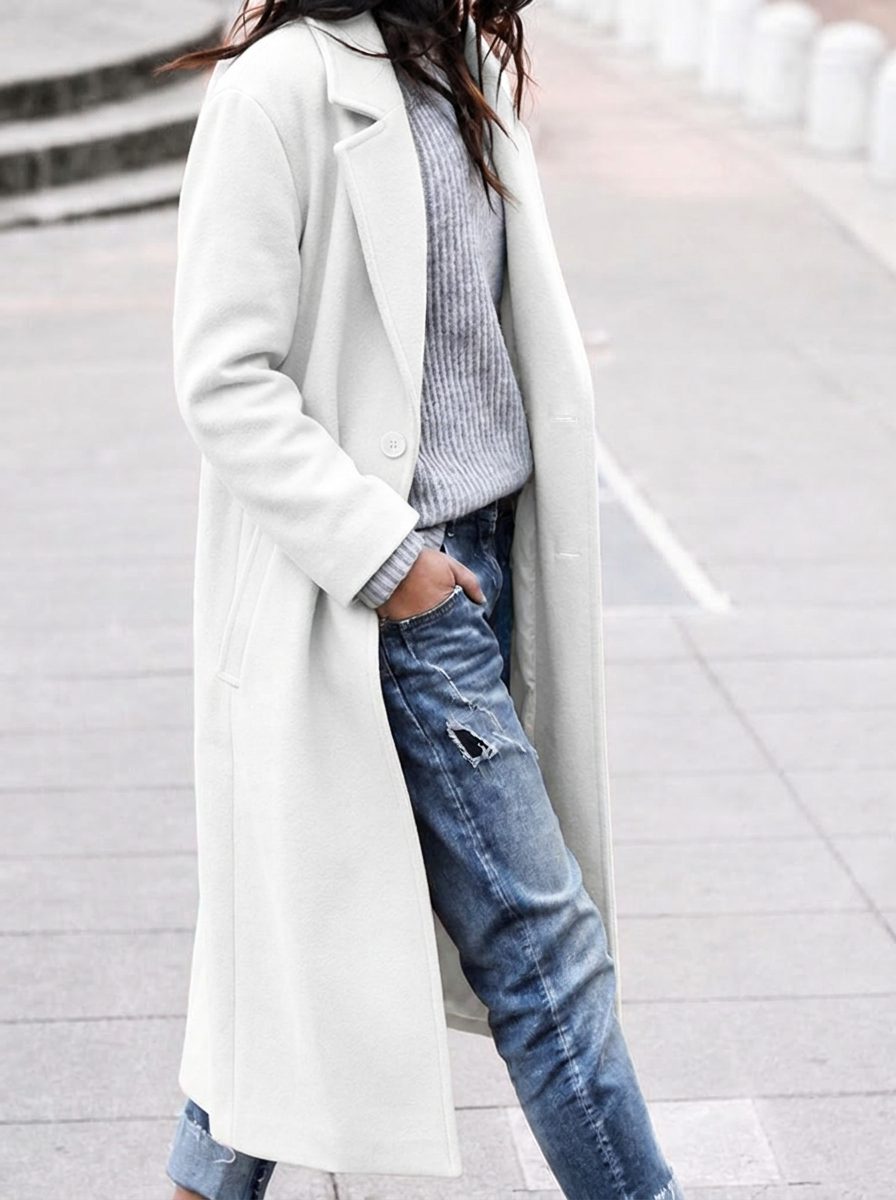 Women's Single-Button Long Coat with Wide Lapels, White, view 4