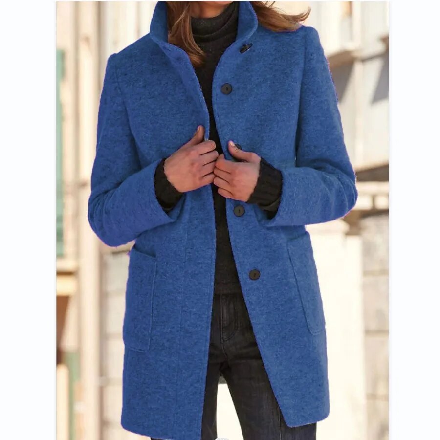 Women's Stand-Collar Wool-Blend Coat with Patch Pockets, Dark blue, view 2