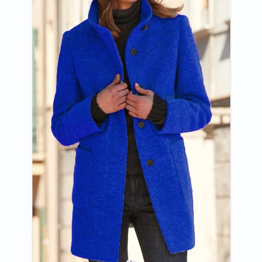 Women's Stand-Collar Wool-Blend Coat with Patch Pockets, Royal blue, view 3