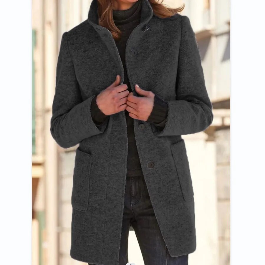 Women's Stand-Collar Wool-Blend Coat with Patch Pockets, Dark grey, view 4