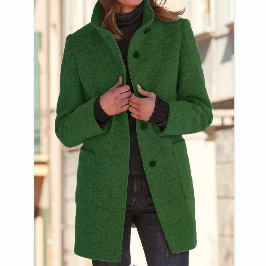 Women's Stand-Collar Wool-Blend Coat with Patch Pockets, Green, view 5