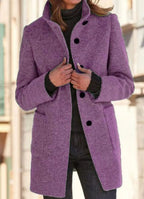 Women's Stand-Collar Wool-Blend Coat with Patch Pockets, Purple, view 6