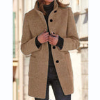 Women's Stand-Collar Wool-Blend Coat with Patch Pockets, Brown, view 7