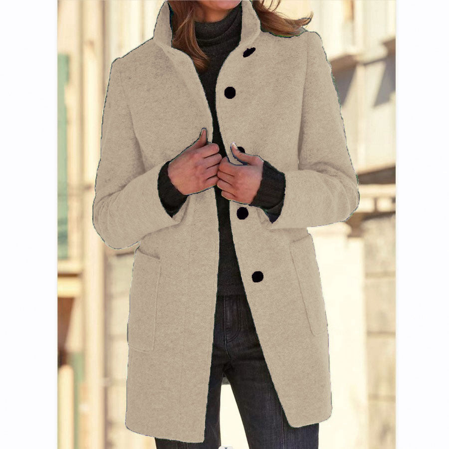 Women's Stand-Collar Wool-Blend Coat with Patch Pockets, Khaki, view 8