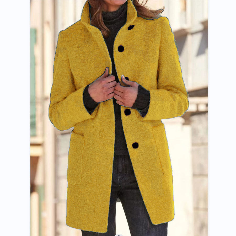 Women's Stand-Collar Wool-Blend Coat with Patch Pockets, Yellow, view 10