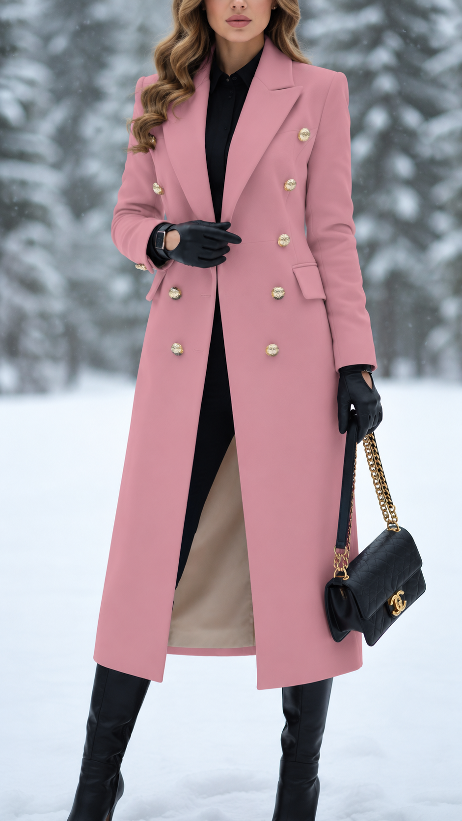 Women's Tailored Long Coat with Gold-Tone Buttons, Pink, view 6