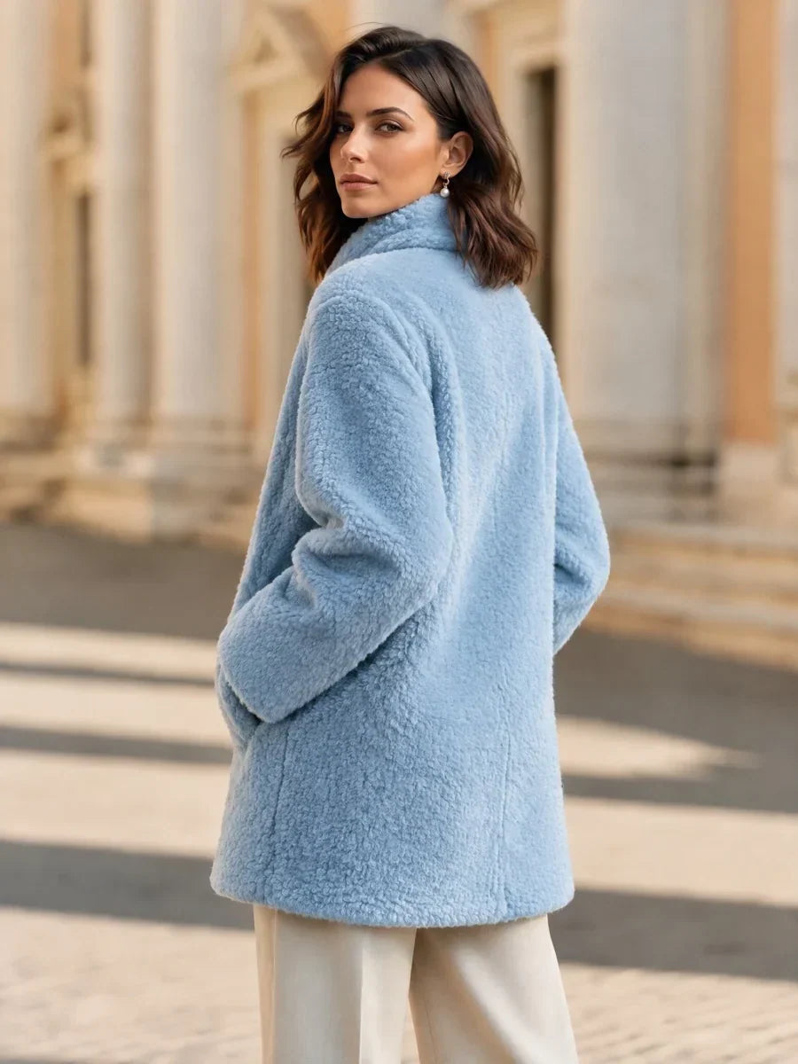 Women's Teddy Coat with Gold-Tone Button and Wrap Collar, view 3