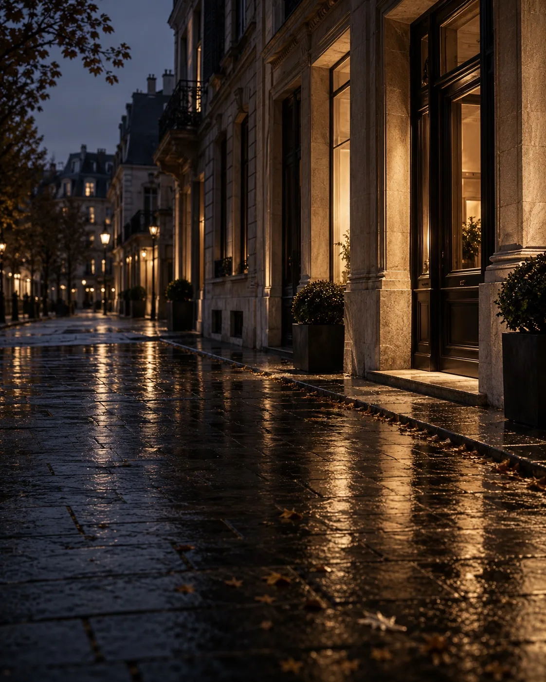 An illuminated city street at dusk