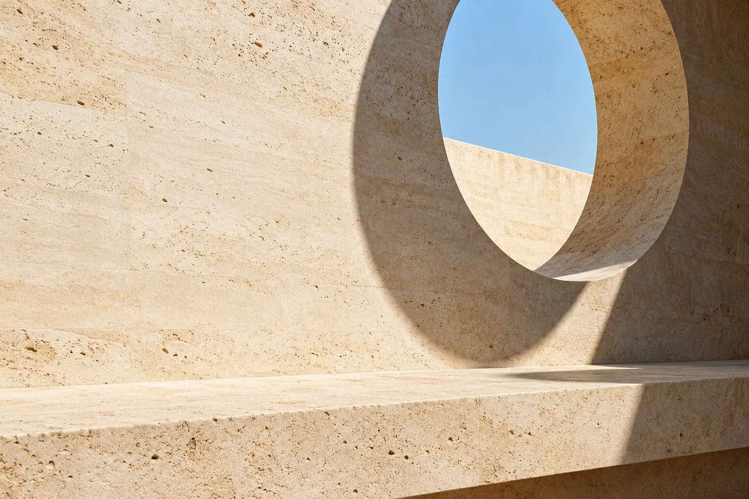 An architectural study of sunlight and a circular opening in warm travertine